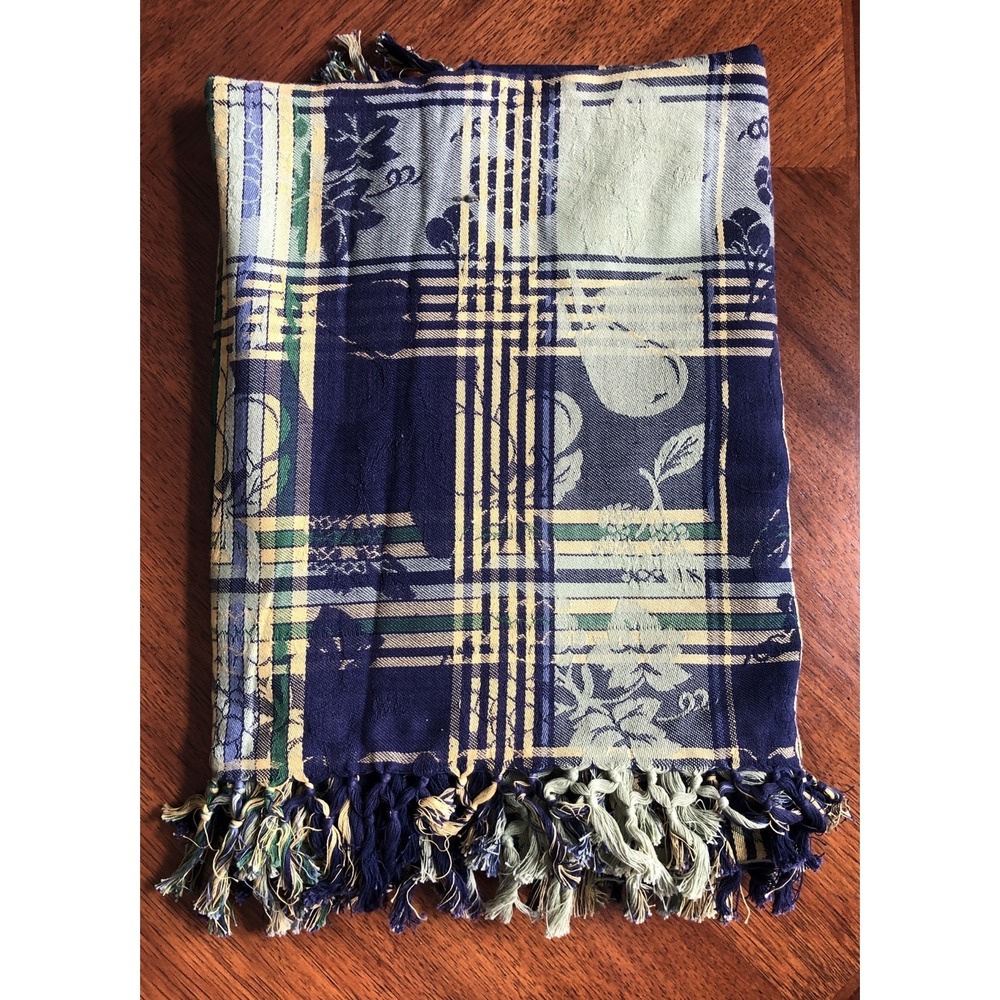 Vtg Hand-Loomed 100% Cotton Tablecloth Blue Made India Primitive Artist 60x60 Sq